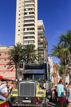 Alicante, Spain- September 11, 2022: Colorful large trailer in the middle of the street in Alicante, Spain