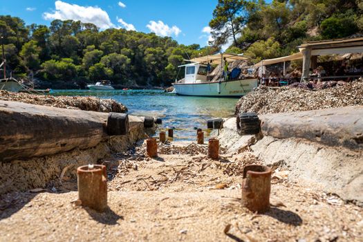 View of the Ibizan Cala Mastella and El Bigotes Restaurant