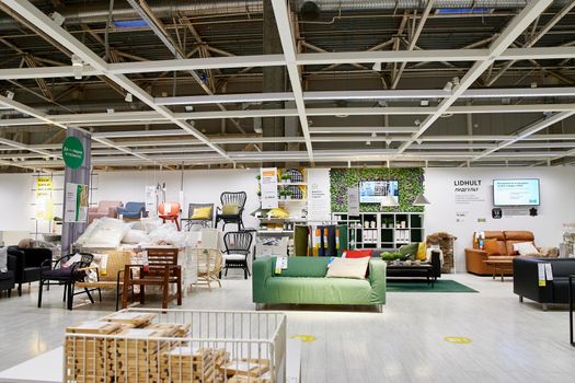 SAMARA, RUSSIA - JANUARY 10, 2022: Ikea store interior. people are shopping. IKEA is the world's largest furniture retailer.