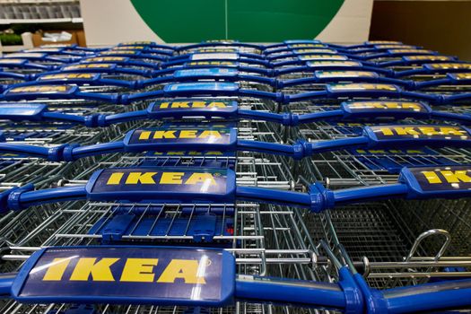 SAMARA, RUSSIA - JANUARY 11, 2022: trolley with an Ikea sign. IKEA is the world's largest furniture retailer.