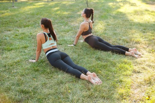 Rear view shot of two women practicing yoga outdoors on the grass