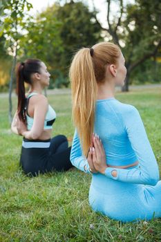 Vertical cropped rear view shot of women practicing yoga together at the park