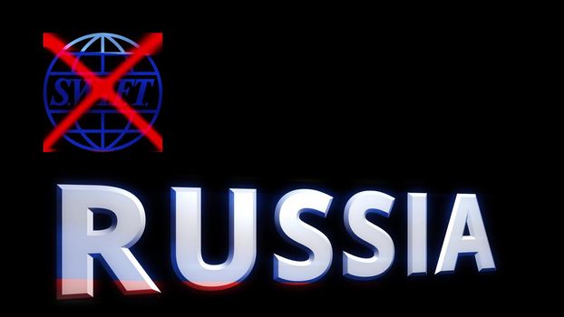 Russia, Syzran - FEBRUARY 27, 2022: Russia and the crossed-out swift sign, animated text on a black background, disconnecting Russia from international payments, imposing sanctions.