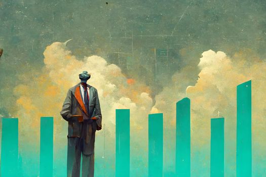 grotesque cartoon business man figure standing in front of bizarre styled charts, neural network generated art. Digitally generated image. Not based on any actual scene or pattern.