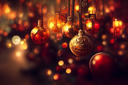 close-up christmas decorations background with selective focus and background blur, neural network generated art. Digitally generated image. Not based on any actual scene or pattern.