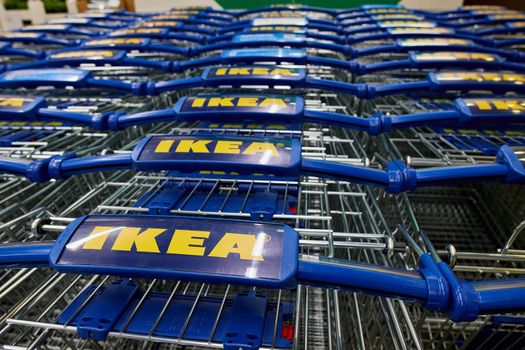 SAMARA, RUSSIA - JANUARY 11, 2022: trolley with an Ikea sign. IKEA is the world's largest furniture retailer.