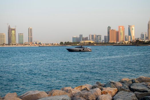 Dubai city skyline before the sunset. View from Palm Jumeirah. Outdoors