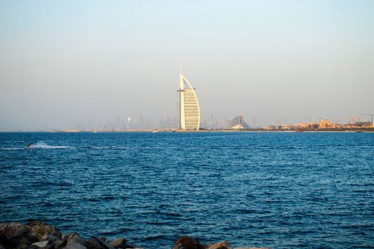 Dubai city skyline before the sunset. View from Palm Jumeirah. Outdoors