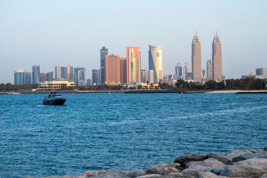 Dubai city skyline before the sunset. View from Palm Jumeirah. Outdoors