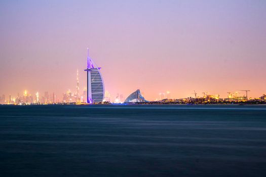 Dubai city skyline before the sunset. View from Palm Jumeirah. Outdoors