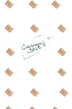 Craft paper present boxes tied from rope on white background, top view. Pattern. Inscription - Christmas SALE. Still life. Flat lay