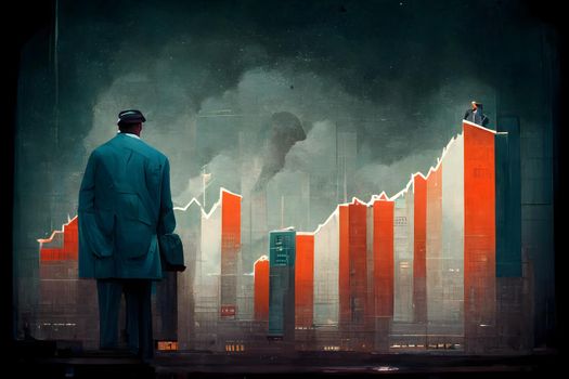 grotesque cartoon business man figure standing in front of bizarre styled charts and skyscraper buildings, neural network digitally generated art. Not based on any actual scene or pattern.