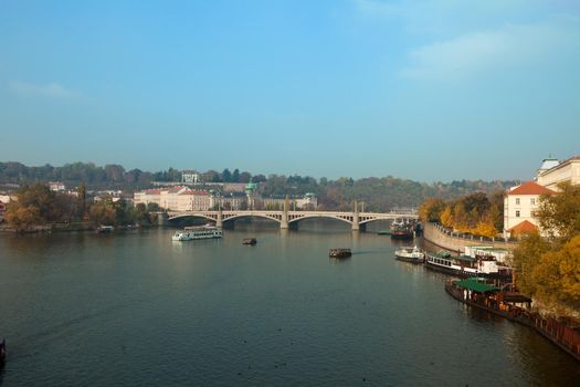 Prague historical bridge view over vltava river from karlov most