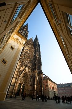 view on Prague cathedral from corner of building - wide angle