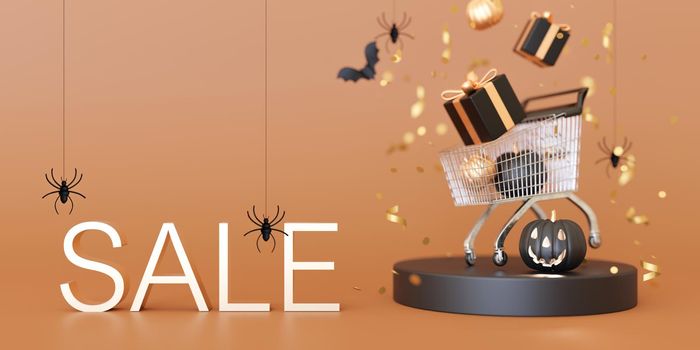 Shopping cart, trolley with gift boxes, Halloween decoration and text SALE on orange background. Halloween shopping, sale. Special offer, good price, deal. Banner with copy space. 3D rendering