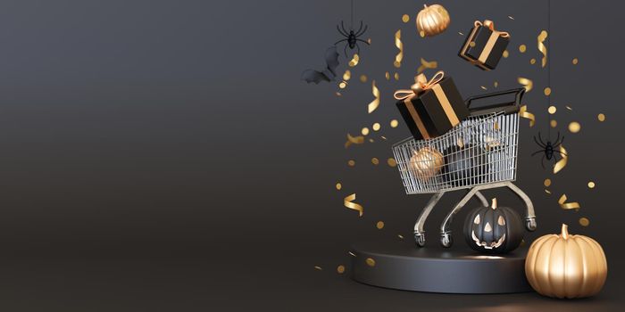 Shopping cart, trolley with gift boxes and Halloween decoration on black background. Free, copy space for text. Halloween shopping, special offer, good price, deal, sale. Banner, mock up. 3D render