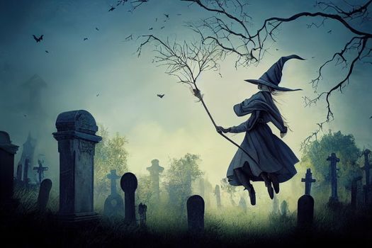 A beautiful young witch flying on a broomstick over an old cemetery with ghosts