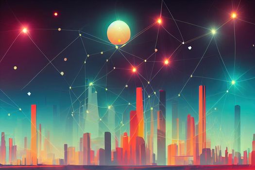 Abstract digital landscape with particles dots and stars on horizon, Wireframe landscape background, Big Data, 3d futuristic illustration, 80s Retro Sci-Fi Background anime style, cartoon style