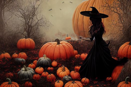 A beautiful girl witch in a black dress and pride sits on a red background near a large orange pumpkin. Halloween.A witch, a day of thanksgiving, a day of all saints