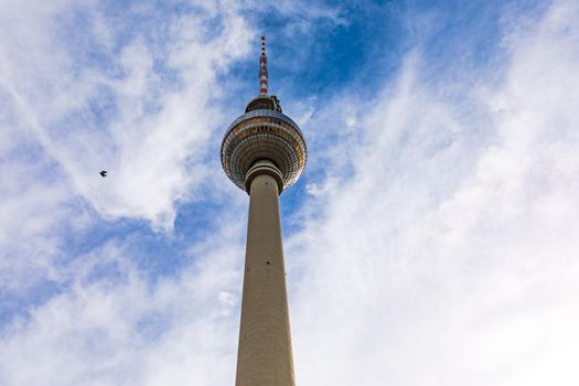 The Berlin TV tower on Alexanderplatz photographed against the sky with a pigeon in flight