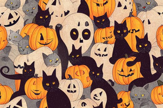 A set of seamless pattern with the image of Halloween. Cats, pumpkins, moon, ghost, spider, bats for a festive autumn print