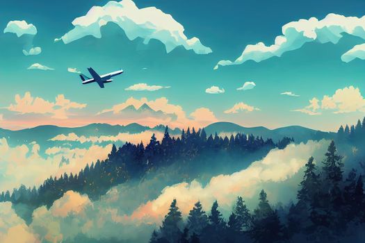 Airplane is flying over low clouds and mountains with autumn forest, Amazing landscape with passenger airplane, trees, mountains, blue cloudy sky, Passenger aircraft, Business travel, Commercial plane