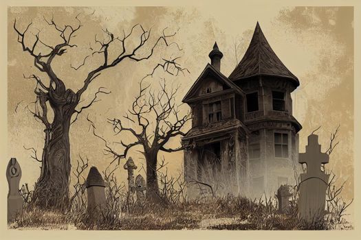Abandoned mystical house in cemetery illustration. Spooky old palace silhouette with dry trees and gravestones with flying witch broomstick