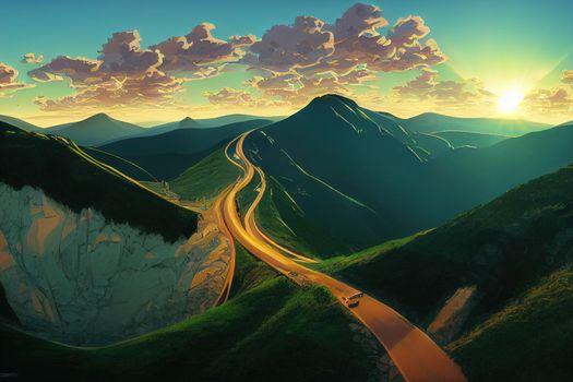Aerial view of Transalpine Mountain Road, at sunrise anime style, cartoon style toon style