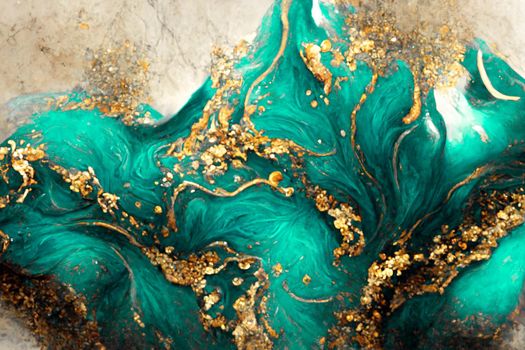 Spectacular realistic abstract backdrop of a whirlpool of teal and gold. Digital art 3D illustration. Mable with liquid texture like turbulent waves background.