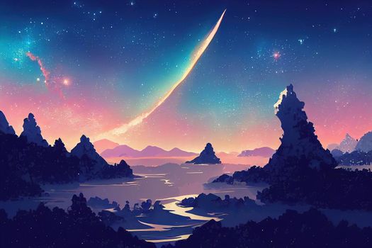 Arched Milky Way over the beautiful mountains and blue sea at night in summer, Colorful landscape with bright starry sky with Milky Way arch, moonlight, constellation, water, Galaxy, Nature and space