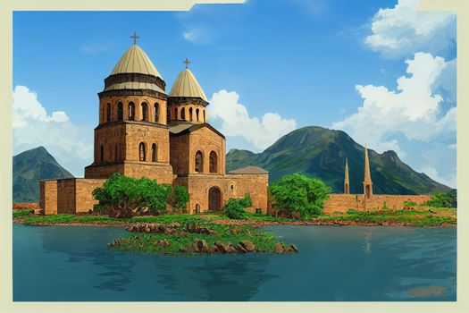 Akdamar Island in Van Lake, The Albanian Cathedral Church of the Holy Cross - Akdamar, Turkey anime style, cartoon style toon style