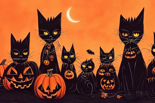 Black cats in spooky outfits, Witch cat, ghost cat, skeleton cat, cat in pumpkin, Design for Halloween and Mexican holiday Day of the Dead