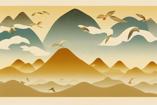 Art landscape background with gold texture , Japanese hand drawn wave pattern with crane birds and mountain banner in vintage style, anime style, cartoon style toon style 