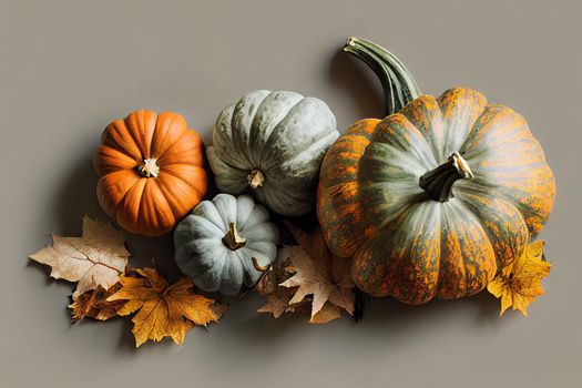 Autumn composition. Pumpkins, dried leaves on pastel gray background. Autumn, fall, halloween concept. Flat lay, top view, copy space