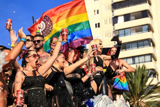 Benidorm, Alicante, Spain- September 10, 2022: People dancing and having fun at the Gay Pride Parade in Benidorm in September