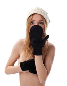 Pretty nude woman close breast with mitten confused