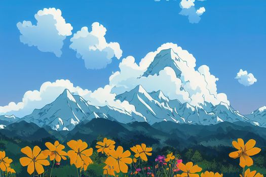 Central alps mountain peak with meadows, flowers, clouds and blue sky in Nagano, Japan anime style, cartoon style toon style