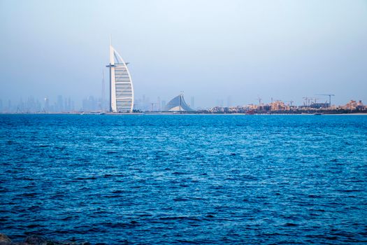 Dubai city skyline before the sunset. View from Palm Jumeirah. Outdoors