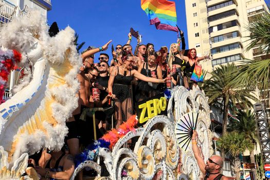 Benidorm, Alicante, Spain- September 10, 2022: People dancing and having fun at the Gay Pride Parade in Benidorm in September