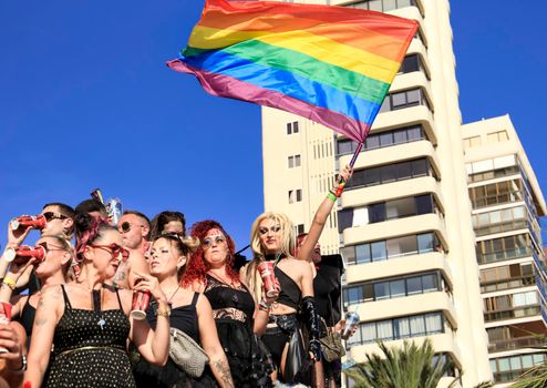 Benidorm, Alicante, Spain- September 10, 2022: People dancing and having fun at the Gay Pride Parade in Benidorm in September