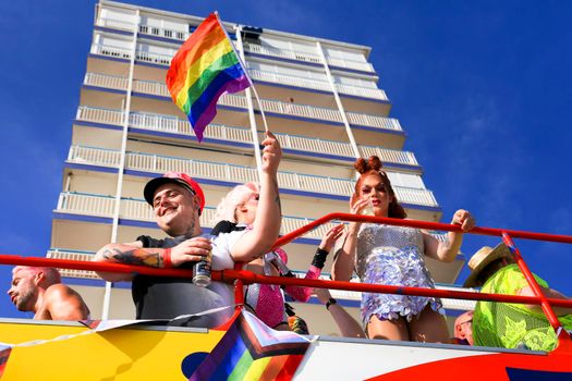 Benidorm, Alicante, Spain- September 10, 2022: People dancing and having fun at the Gay Pride Parade in Benidorm in September