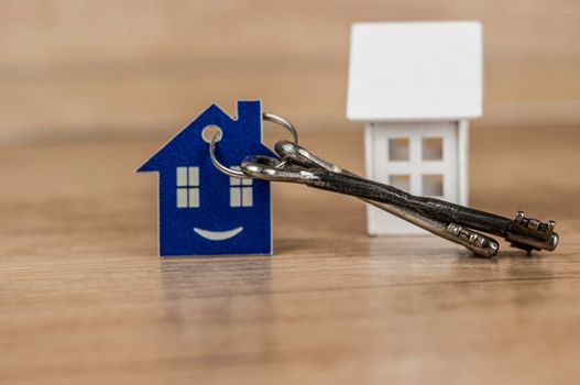 cheerful house symbol with silver keys on wood. Real estate concept