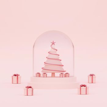 Christmas tree in a snowglobe with Christmas gifts on a pink background, 3d rendering