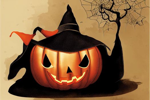 Cartoon halloween pumpkin wearing witch hat isolated