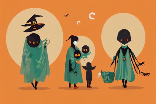 COVID-19 and social distancing infographic with cute Halloween cartoon character, Kids in witch costume with the basket and mummy with surgical mask, Corona virus protection, Trick or treat v1