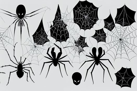 Collection of Cobweb, isolated on black, white background, Spiderweb for Halloween design, Spider web elements,spooky, scary, horror halloween decor, Hand drawn silhouette, illustration v1