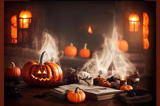 Cozy Halloween decorations with a fireplace and festive attributes, Photozone for Halloween, Background v1