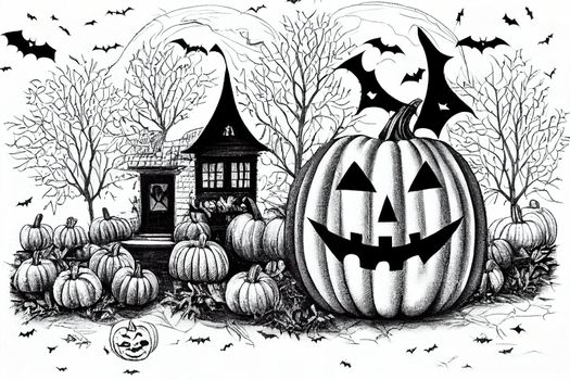 cute coloring page for kids with a pumpkin full of halloween candy, a house, a bat and more, you can print it on paper painting, illustration, drawing v1