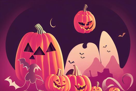Cute Halloween Illustration with Pumpkin Surrounded by Ghosts and Bats, Isolated on Pink Background, Hand Drawn Simple Design, Ideal for Posters, Cards, Wall Art or Clothes, painting v1
