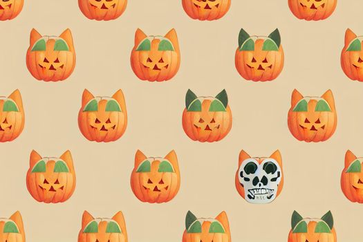 Cute seamless pattern of Halloween cat,pumpkin,skull,heart shapes on green,happy Halloween concept illustration,design for texture,fabric,clothing,decoration,wrapping,print,cartoon character v1